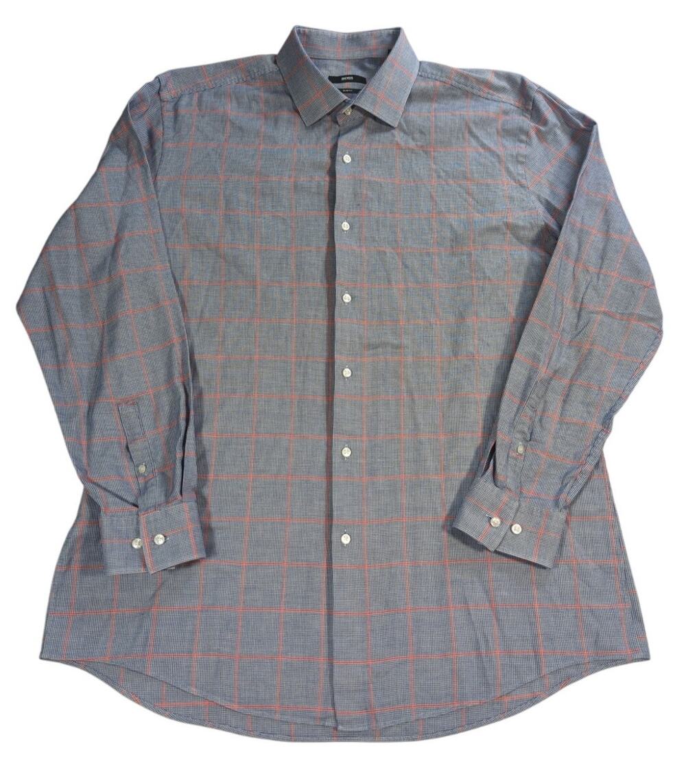Hugo Boss Slim Fit Dress Shirt Blue Red Check Long Sleeve Mens Size 17 43